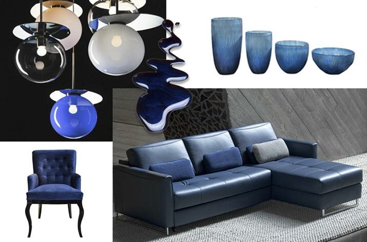 Lampa Kler, vázy, mísa, židle a rohová pohovka v modré barvě